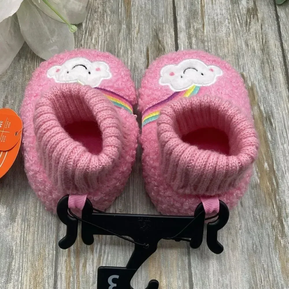 Baby Girls Teddy Knit Rainbow Comfy Soft Slippers Shoes Size 3